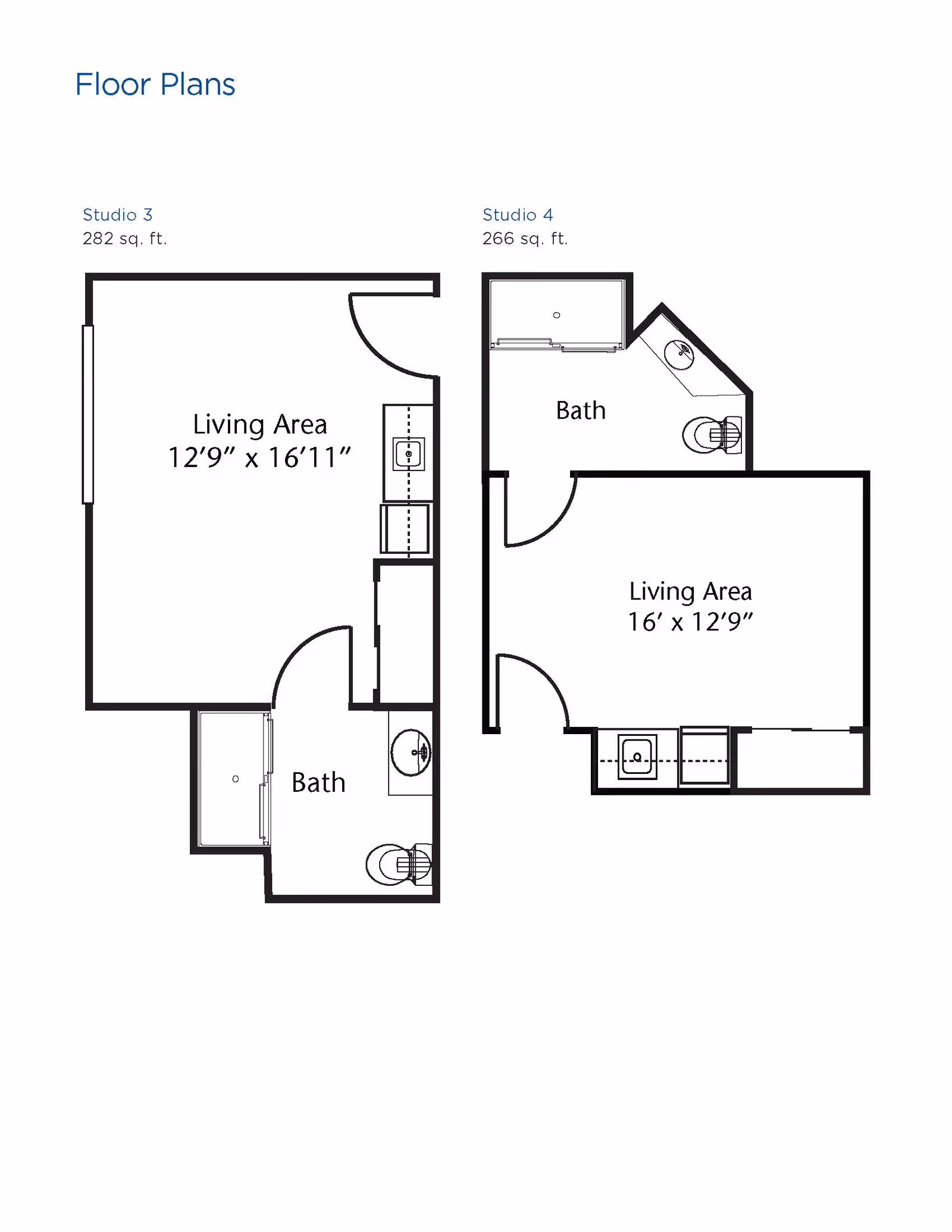 Floor plans for two studio apartments labeled Studio 3 and Studio 4. Studio 3 is 282 sq. ft. with a living area measuring 12'9" x 16'11" and a bath. Studio 4 is 266 sq. ft. with a living area measuring 16' x 12'9" and a bath. Both layouts show the placement of doors, sinks, toilets, and showers.