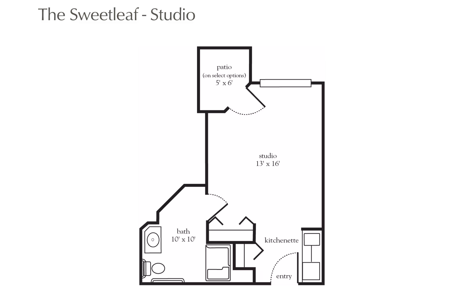 Floor plan of The Sweetleaf Studio apartment showing a studio area measuring 13 by 16 feet, a kitchenette near the entry, a bath measuring 10 by 10 feet, and an optional patio measuring 5 by 6 feet.