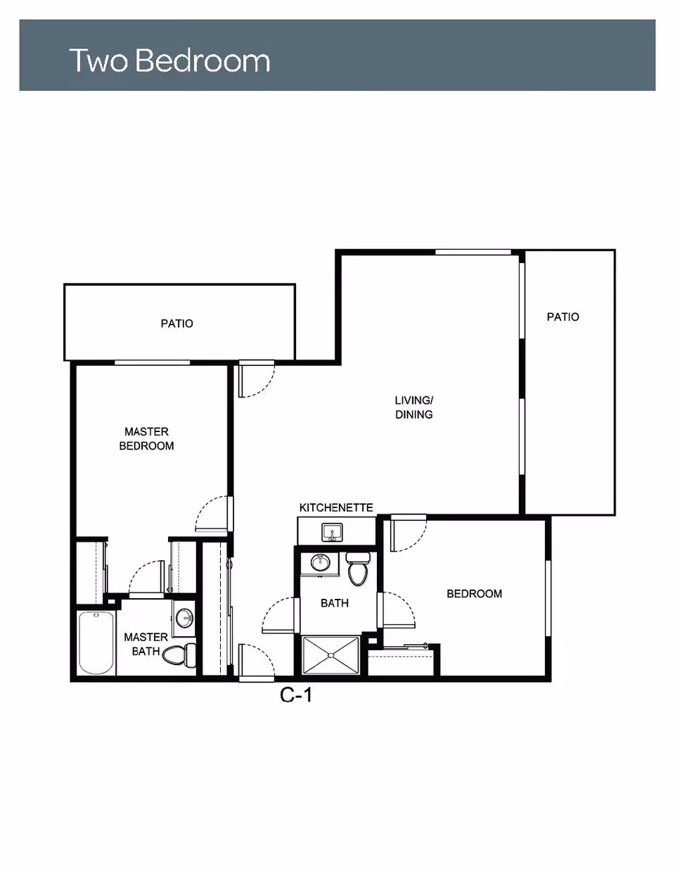 Floor plan layout of a two-bedroom unit featuring a master bedroom with an attached master bath, a second bedroom, a bath, kitchenette, living/dining area, and two patios.