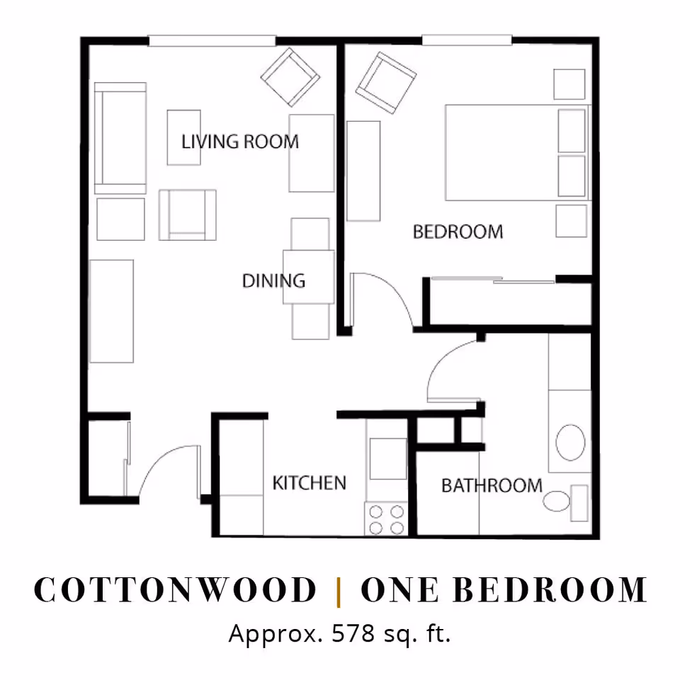 Floor plan layout of a one-bedroom apartment named Cottonwood at Parkwood Village, showing a living room with seating, a dining area, a kitchen, a bedroom with a bed and chair, and a bathroom with a bathtub and toilet. The total area is approximately 578 square feet.