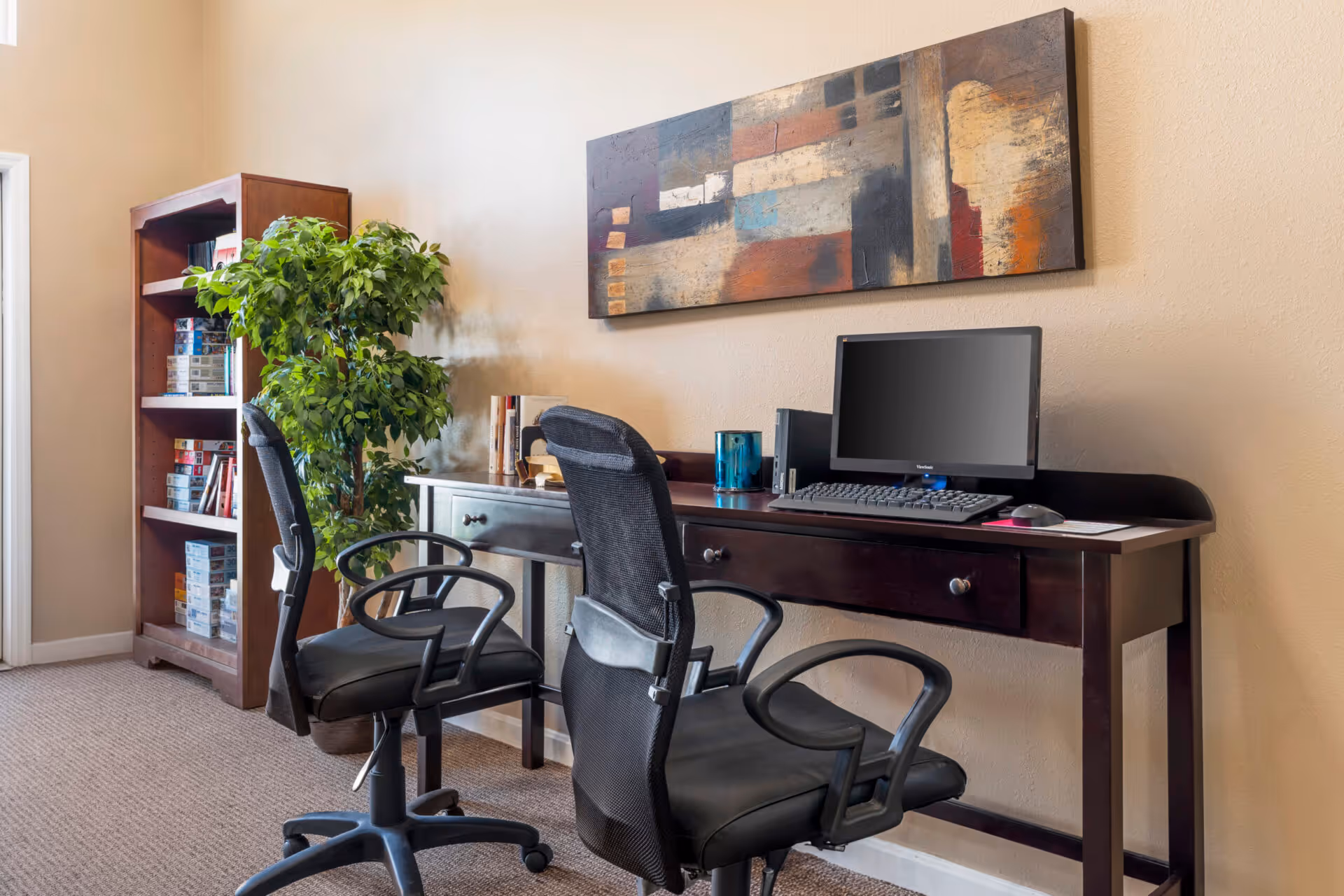 Shared computer workstation with two office chairs, a dark wood desk holding a monitor and keyboard, a bookcase, potted plant, and abstract wall art in a carpeted room.