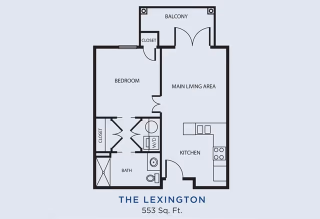 Floor plan of The Lexington apartment at Gardens of Gainesville showing a 553 square feet layout with a bedroom, bathroom, kitchen, main living area, closets, washer/dryer, and a balcony.