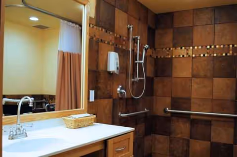 ADA-accessible bathroom at Four Winds Manor featuring sink, mirror, basket, and tiled shower with grab bars.