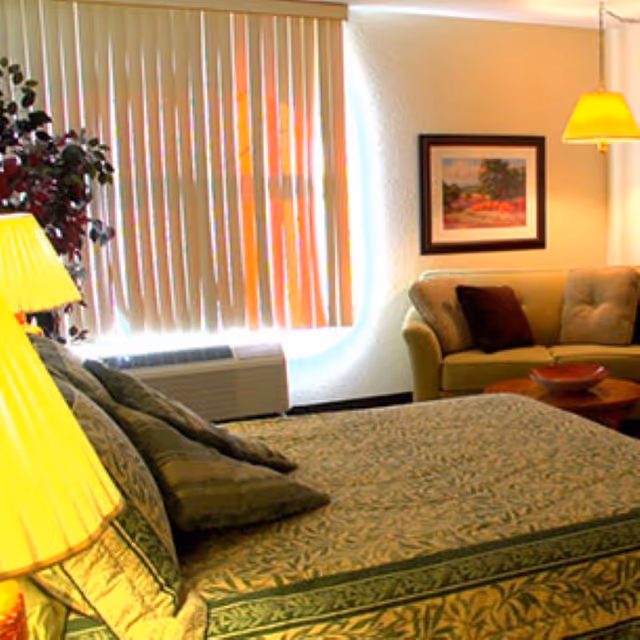 A cozy bedroom in an assisted living facility featuring a bed with patterned green bedding and pillows, a beige sofa with dark cushions, a wooden coffee table, a framed landscape painting on the wall, vertical blinds covering a window, and warm lighting from a table lamp and a hanging lamp.
