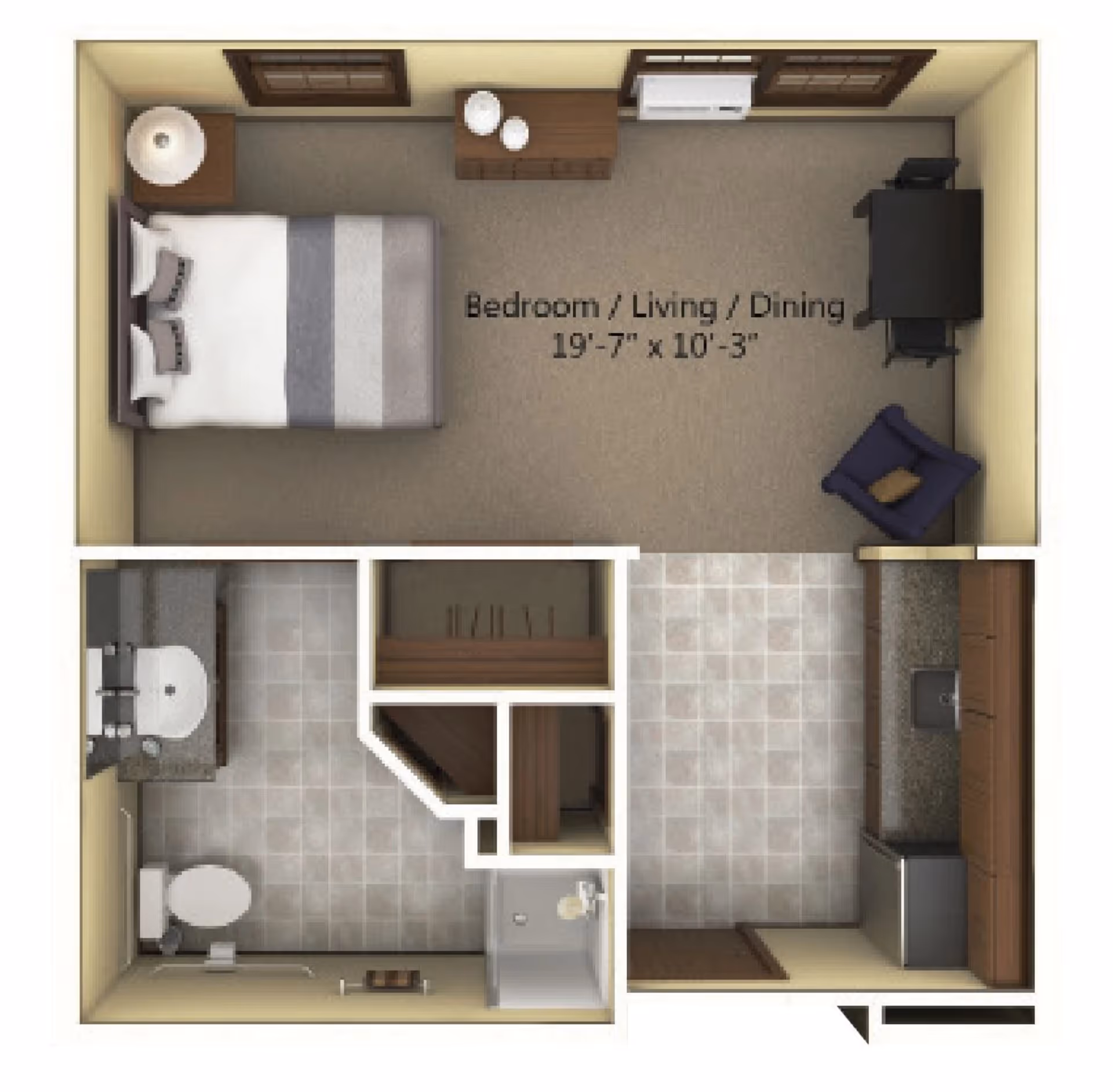 Floor plan of a small assisted living unit showing a combined bedroom, living, and dining area with a bed, armchair, desk, and dresser. Adjacent to this area is a kitchen with cabinets, a sink, and a refrigerator. There is also a bathroom with a toilet, sink, and shower. Two closets are located between the bathroom and the bedroom/living area.