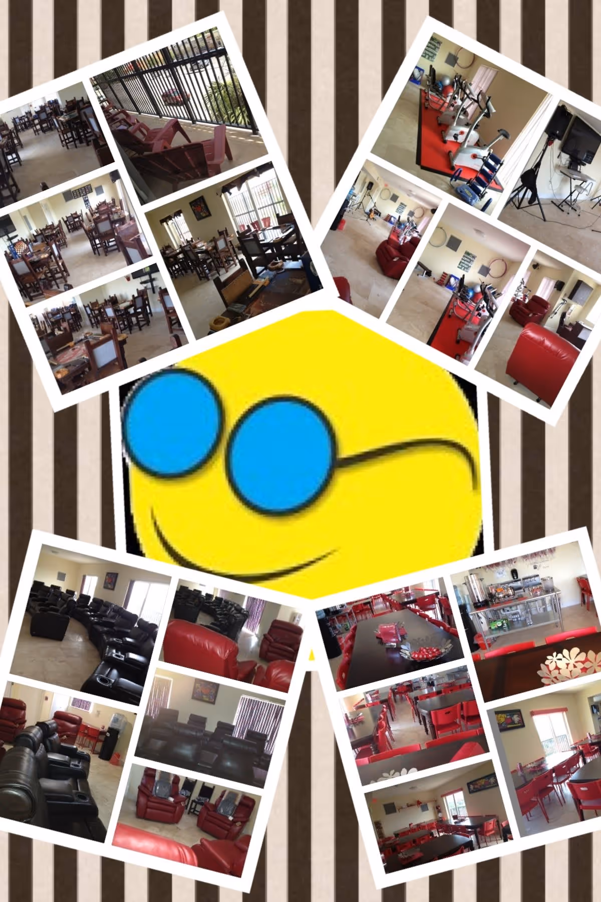 A collage of four photo sets showing different interior areas of a senior living facility. The top left set shows a dining area with wooden tables and chairs and a balcony with red chairs. The top right set shows a fitness or therapy room with exercise equipment and red leather chairs. The bottom left set shows a lounge area with black and red leather recliners. The bottom right set shows a dining area with red chairs and tables, and a kitchen or serving area with stainless steel counters. In the center is a large yellow smiley face with blue sunglasses on a striped brown and beige background.