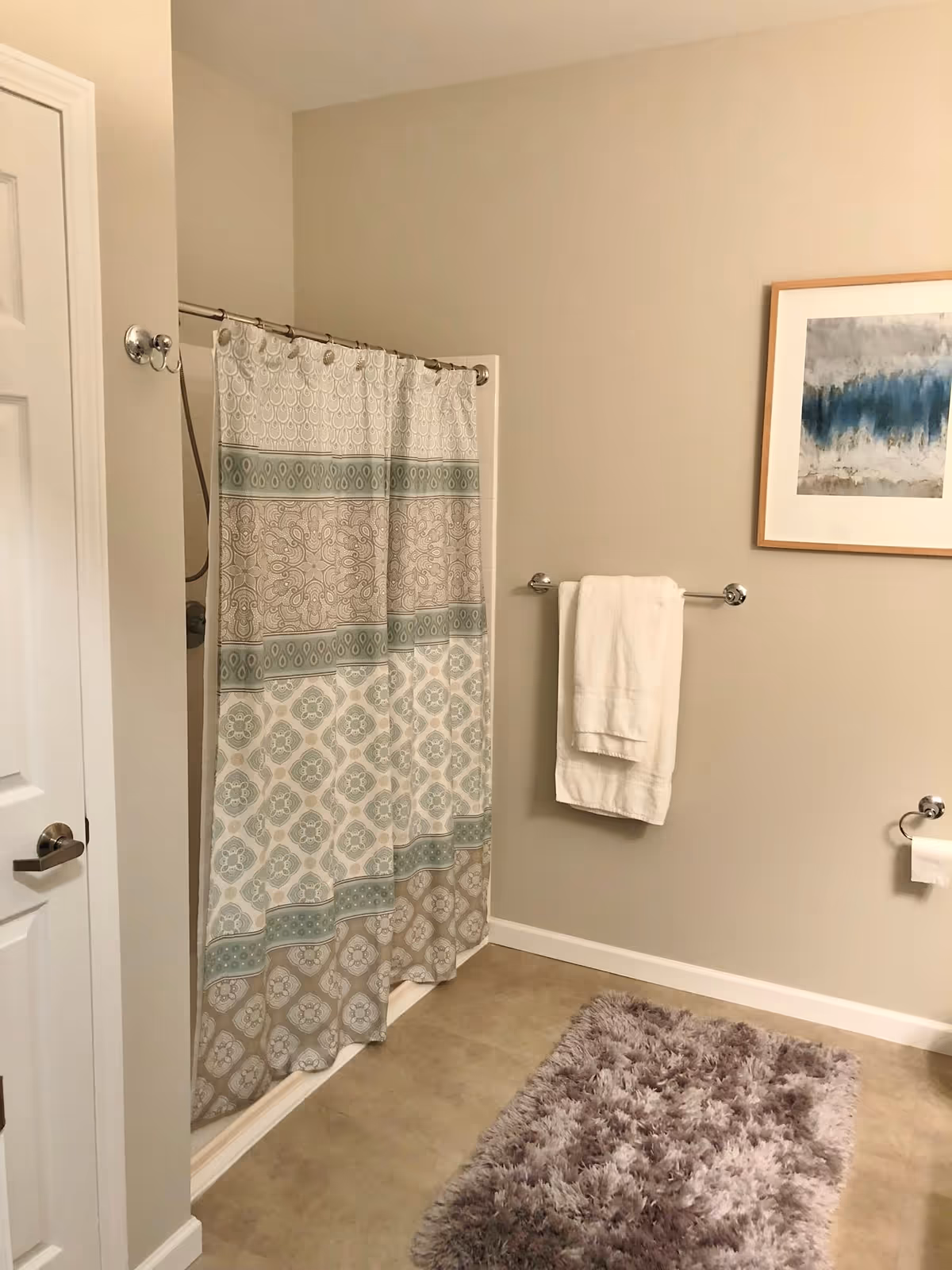 A bathroom with a patterned shower curtain, a white towel hanging on a towel rack, a framed abstract painting on the wall, a toilet paper holder with toilet paper, and a fluffy gray bath mat on the floor.