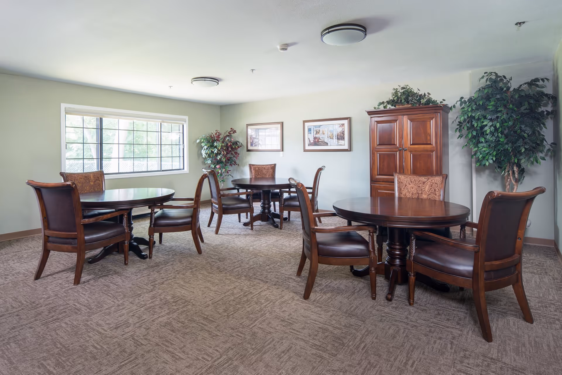 Bright communal dining room with round wooden tables and upholstered chairs, plants, and framed artwork.