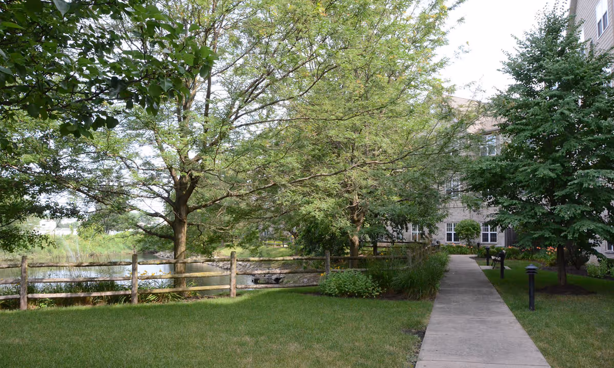 A peaceful outdoor garden area at Willow Falls Senior Living featuring a concrete walkway bordered by green grass, trees, and shrubs. A wooden fence runs alongside a small pond, and part of the senior living building is visible on the right side.