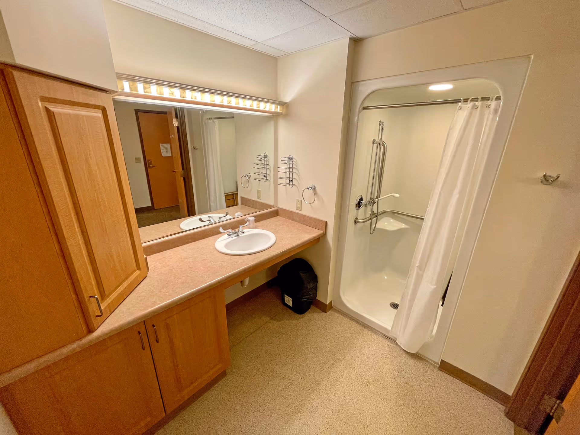 Bathroom with a sink and countertop, wooden cabinets, a large mirror with overhead lighting, and a walk-in shower with a white curtain and grab bars.