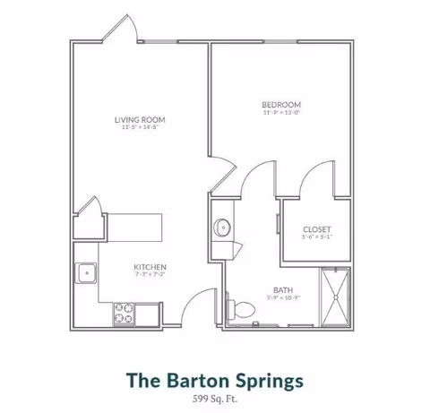 Floor plan layout of The Barton Springs apartment at Village on the Park Onion Creek, showing a living room, kitchen, bedroom, closet, and bathroom with dimensions.