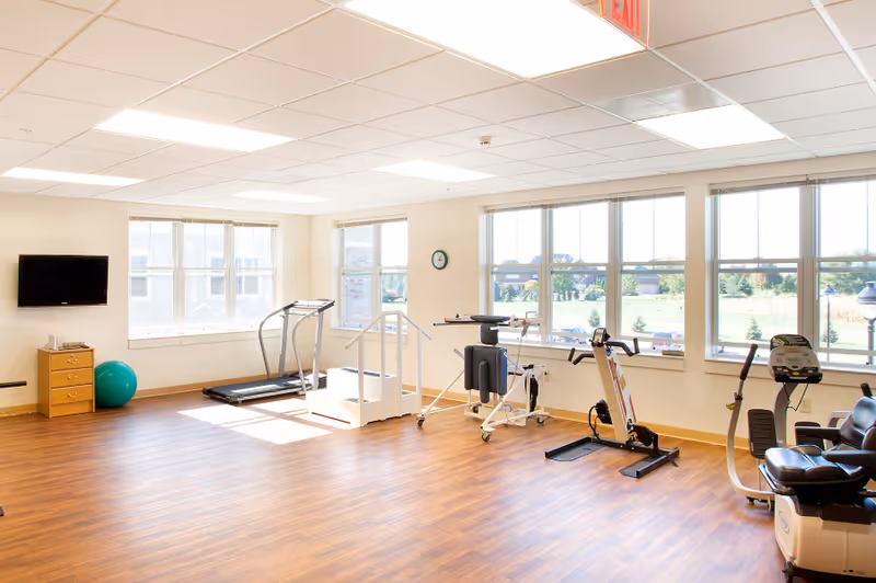 Bright exercise room with large windows letting in natural light. The room has wooden flooring and contains various exercise equipment including a treadmill, stationary bike, exercise ball, and other rehabilitation machines. A small wooden cabinet with drawers and a wall-mounted TV are also visible.