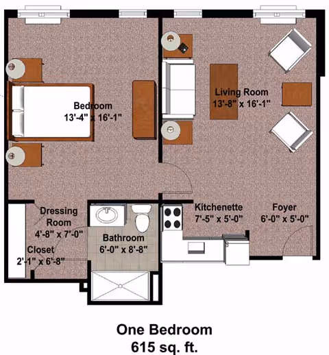 Floor plan of a one-bedroom apartment with a total area of 615 square feet. The layout includes a bedroom measuring 13 feet 4 inches by 16 feet 1 inch, a living room measuring 13 feet 8 inches by 16 feet 1 inch, a kitchenette measuring 7 feet 5 inches by 5 feet, a foyer measuring 6 feet by 5 feet, a bathroom measuring 6 feet by 8 feet 8 inches, a dressing room measuring 4 feet 8 inches by 7 feet, and a closet measuring 2 feet 1 inch by 6 feet 8 inches. The floor plan shows furniture placement including a bed, chairs, tables, and kitchen appliances.
