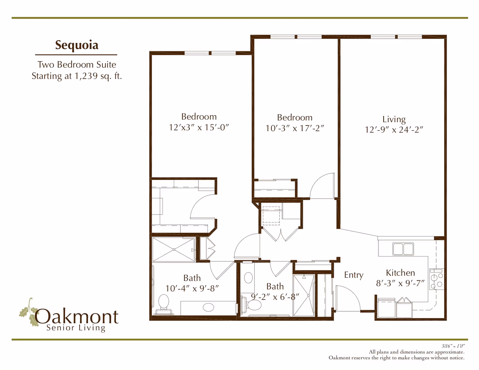 Floor plan titled Sequoia for a two-bedroom, two-bathroom senior living suite showing bedrooms, living room, kitchen, entry, and baths.
