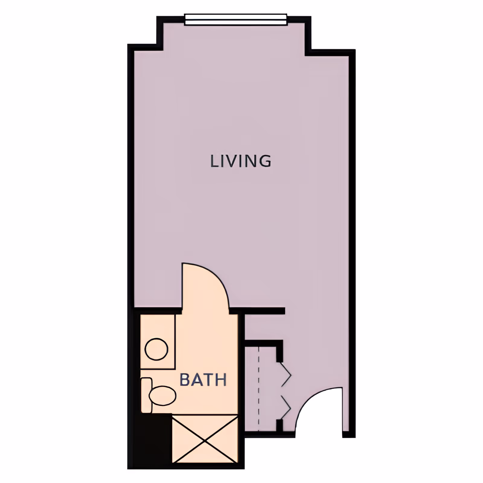 Floor plan of a studio layout labeled "LIVING" with an adjoining bathroom area.