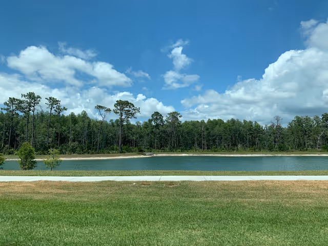A scenic outdoor view featuring a grassy area in the foreground, a narrow body of water, and a dense line of tall trees under a partly cloudy blue sky.