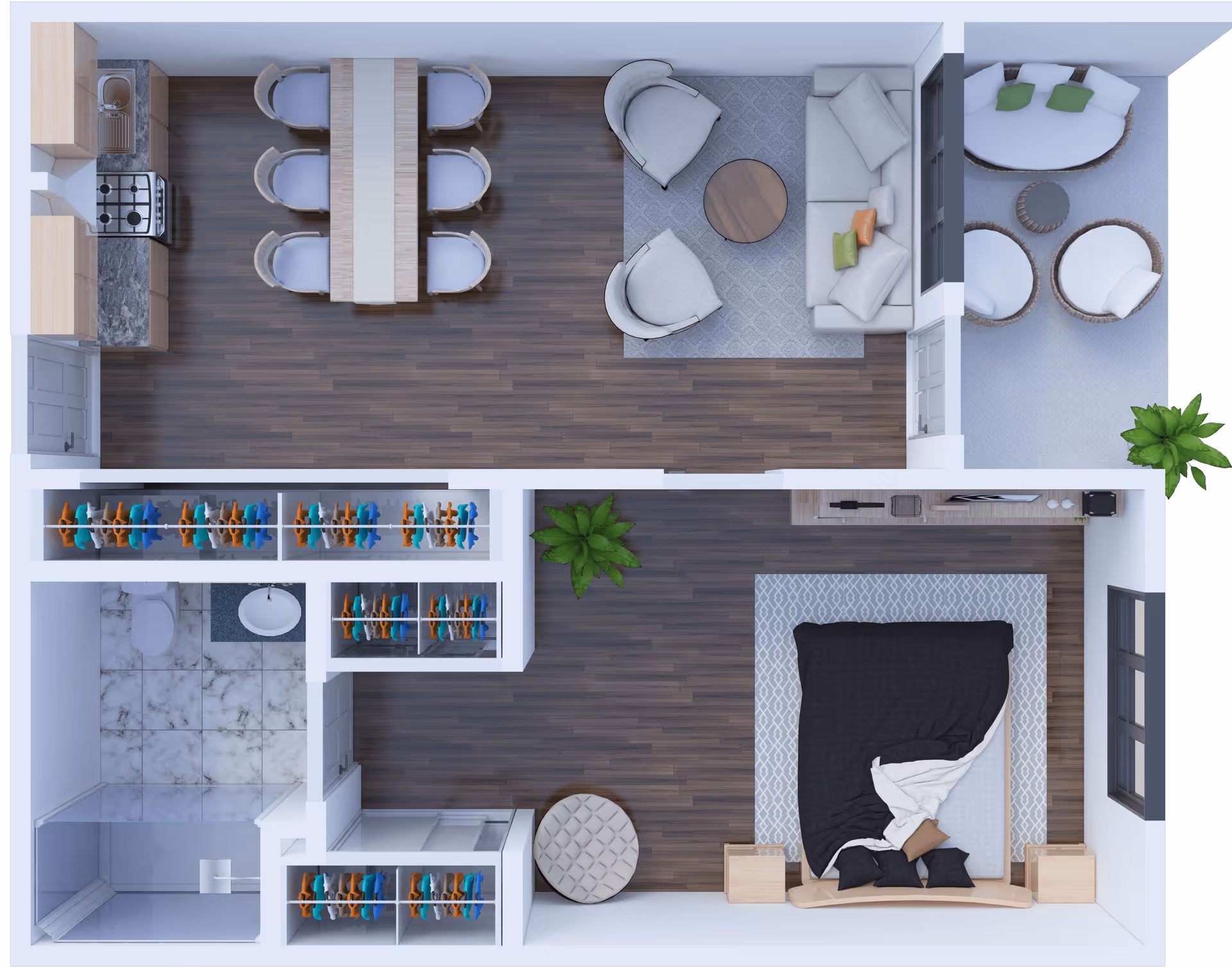 Top-down view of a senior living apartment floor plan showing a kitchen with dining table and six chairs, a living area with sofa and two armchairs, a bedroom with a bed and two nightstands, a bathroom with a shower, toilet, and sink, multiple closets with clothes, and a small balcony with seating and a plant.