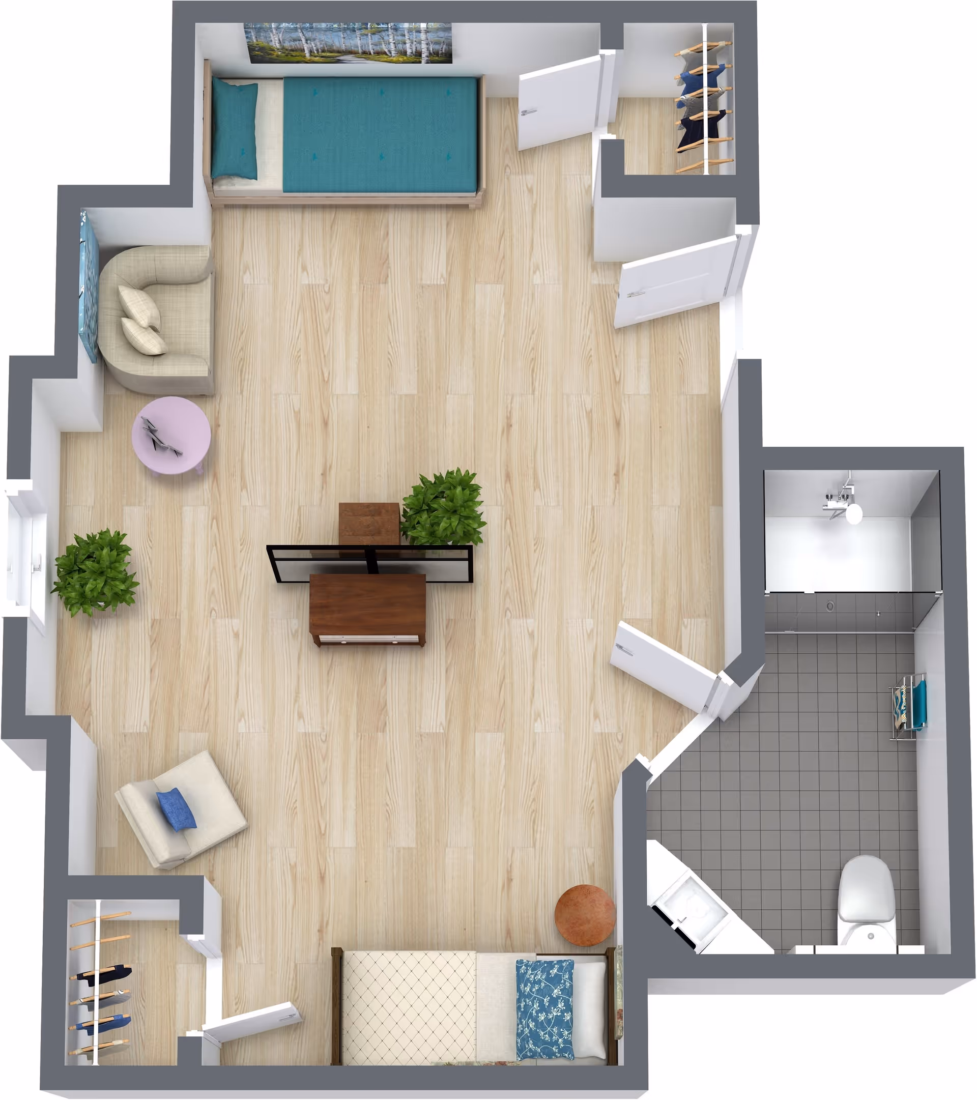 Top-down view of a senior living facility room layout featuring two single beds, two closets, a bathroom with a toilet and shower, two armchairs with a small round table, a desk with a divider, and two potted plants on a light wood floor.