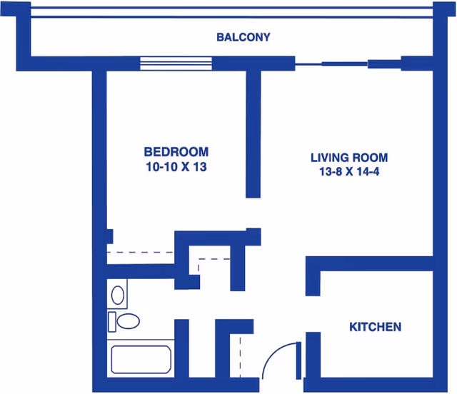 Blue-and-white floor plan of a one-bedroom apartment showing a balcony, bedroom (10-10 x 13), living room (13-8 x 14-4), kitchen, and bathroom.