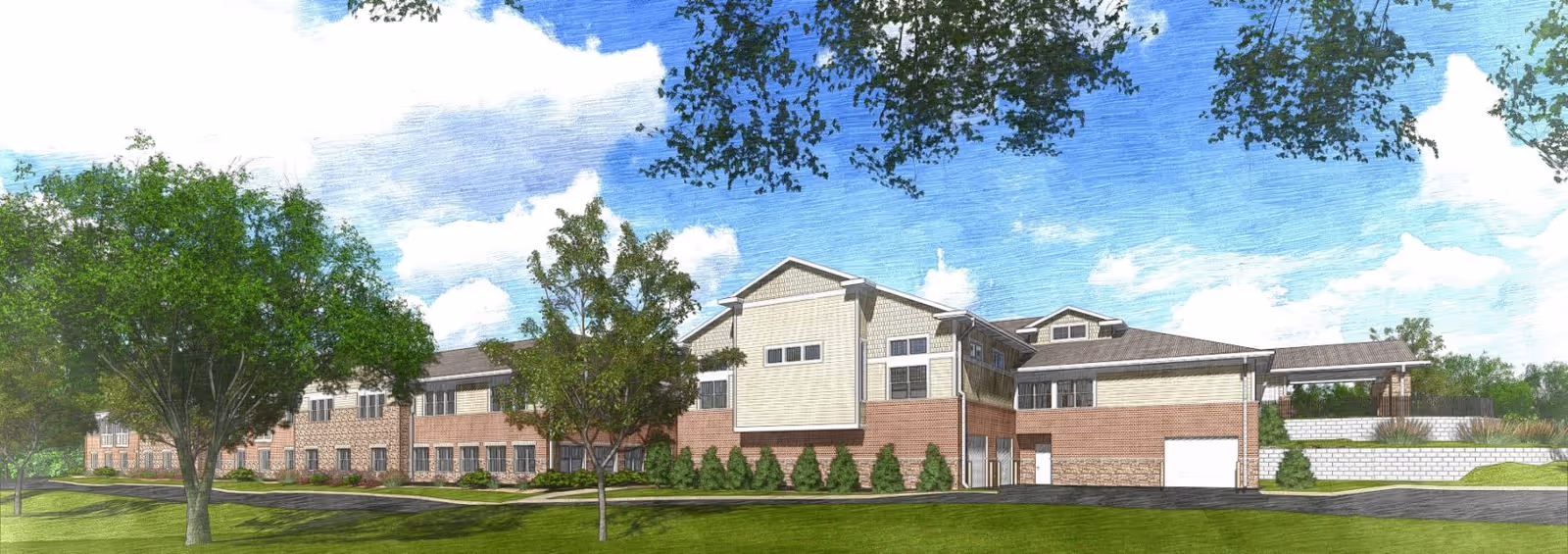 Illustrated exterior view of the Oak Park Place Oak Creek building with lawns and trees under a blue sky.