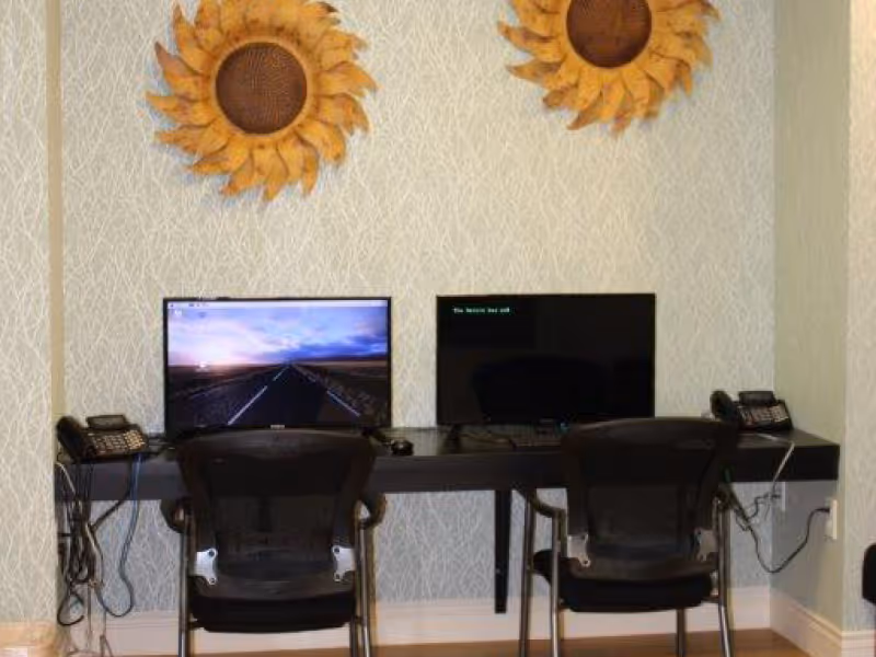 Two computer workstations with monitors and chairs against a patterned wall decorated with sunflower wall art.
