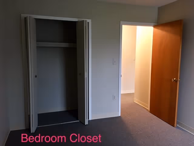 An empty bedroom with an open closet featuring bi-fold doors and a wooden door leading to another room. The carpet is gray and the walls are light-colored.