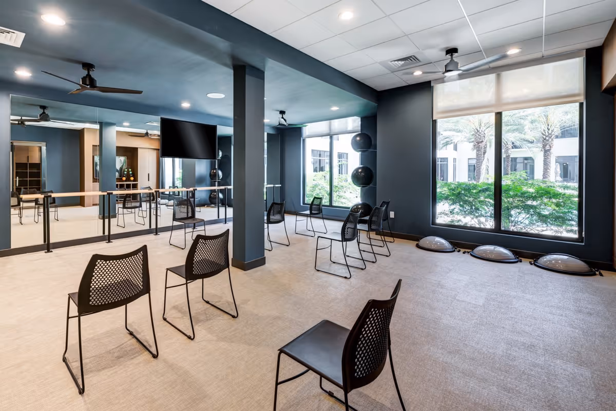 A spacious exercise or activity room with several black chairs arranged in rows facing a wall-mounted TV. The room has large windows with a view of palm trees and greenery outside. There are exercise balls stacked in the corner and balance trainers on the floor near the windows. The walls and ceiling are painted in a dark blue color, and there is a large mirror along one wall with a ballet barre in front of it. Ceiling fans and recessed lighting are installed in the ceiling.