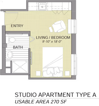Floor plan of a studio apartment labeled Type A with a usable area of 270 square feet. The layout includes an entry area, a combined living and bedroom space measuring 9 feet 10 inches by 18 feet, a bathroom with a toilet, sink, and shower, and a small kitchenette area.