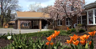 Exterior view of St. Anne's Mead facility showing a covered entrance with a driveway, surrounded by blooming trees and a garden bed with orange and white tulips in the foreground.