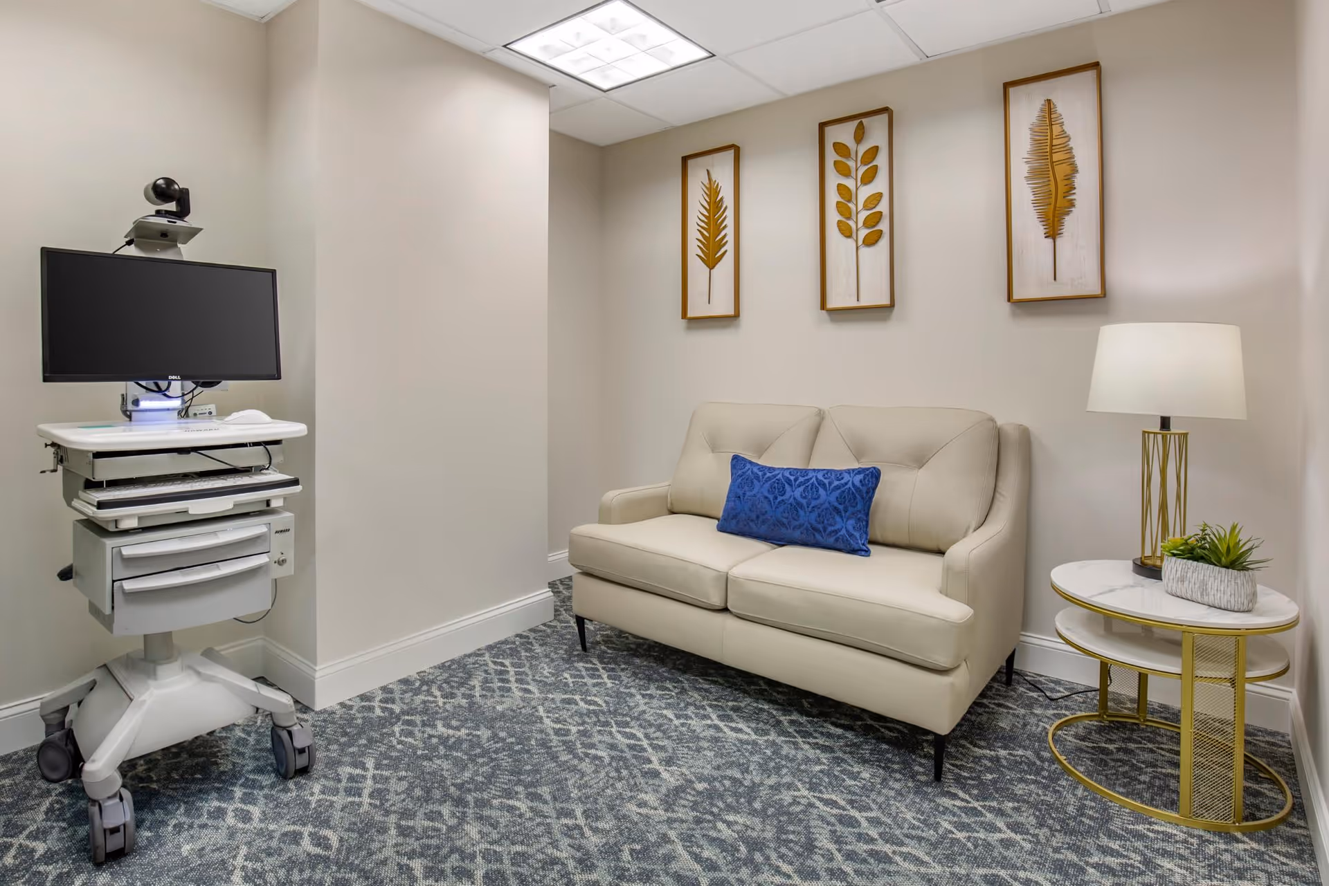 A small room with a beige loveseat featuring a blue decorative pillow, a round side table with a lamp and a small plant, and a medical cart with a monitor and camera on wheels. Three framed leaf artworks hang on the wall above the loveseat.