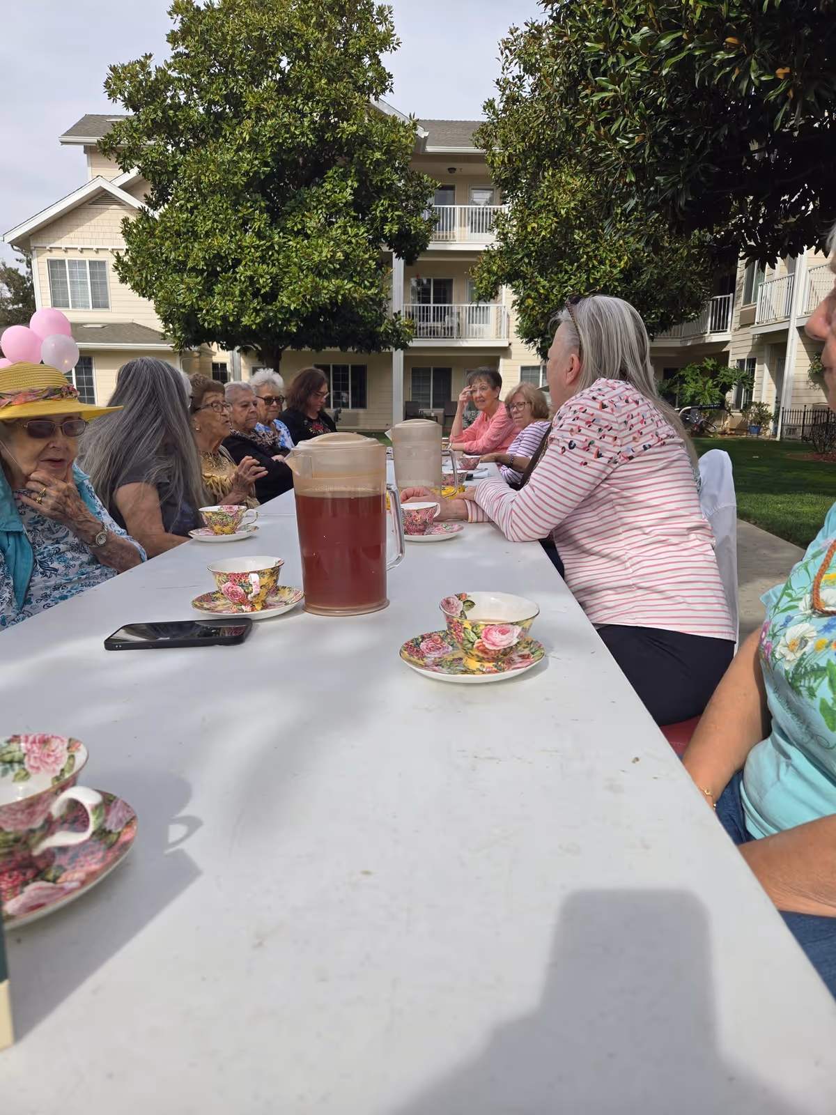 A group of elderly women sitting around a long white outdoor table having tea. The table has floral teacups and saucers, and pitchers of iced tea. They are in a courtyard area with green grass, trees, and a multi-story residential building in the background.