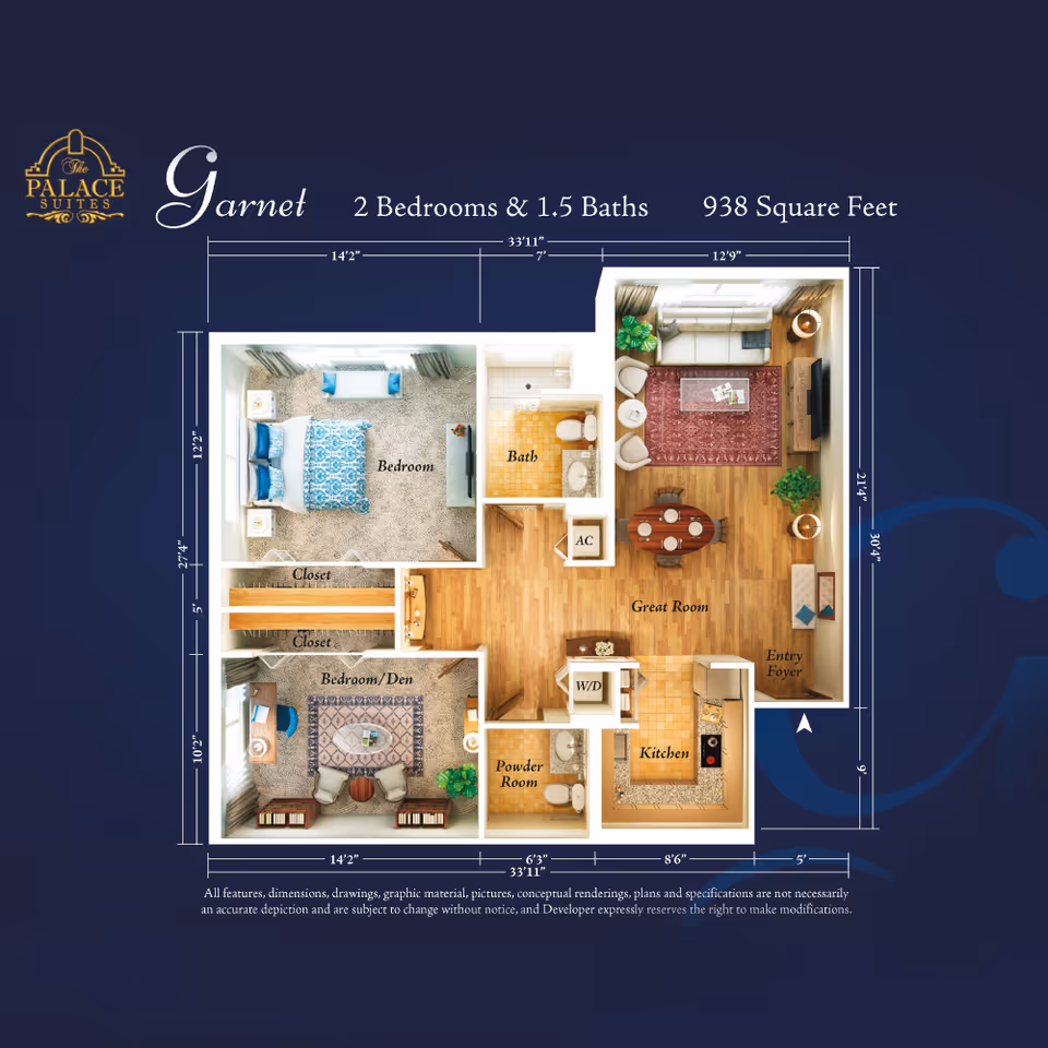 Floor plan of The Palace Suites Garnet unit showing 2 bedrooms, 1.5 baths, kitchen, great room, entry foyer, closets, and dimensions totaling 938 square feet.