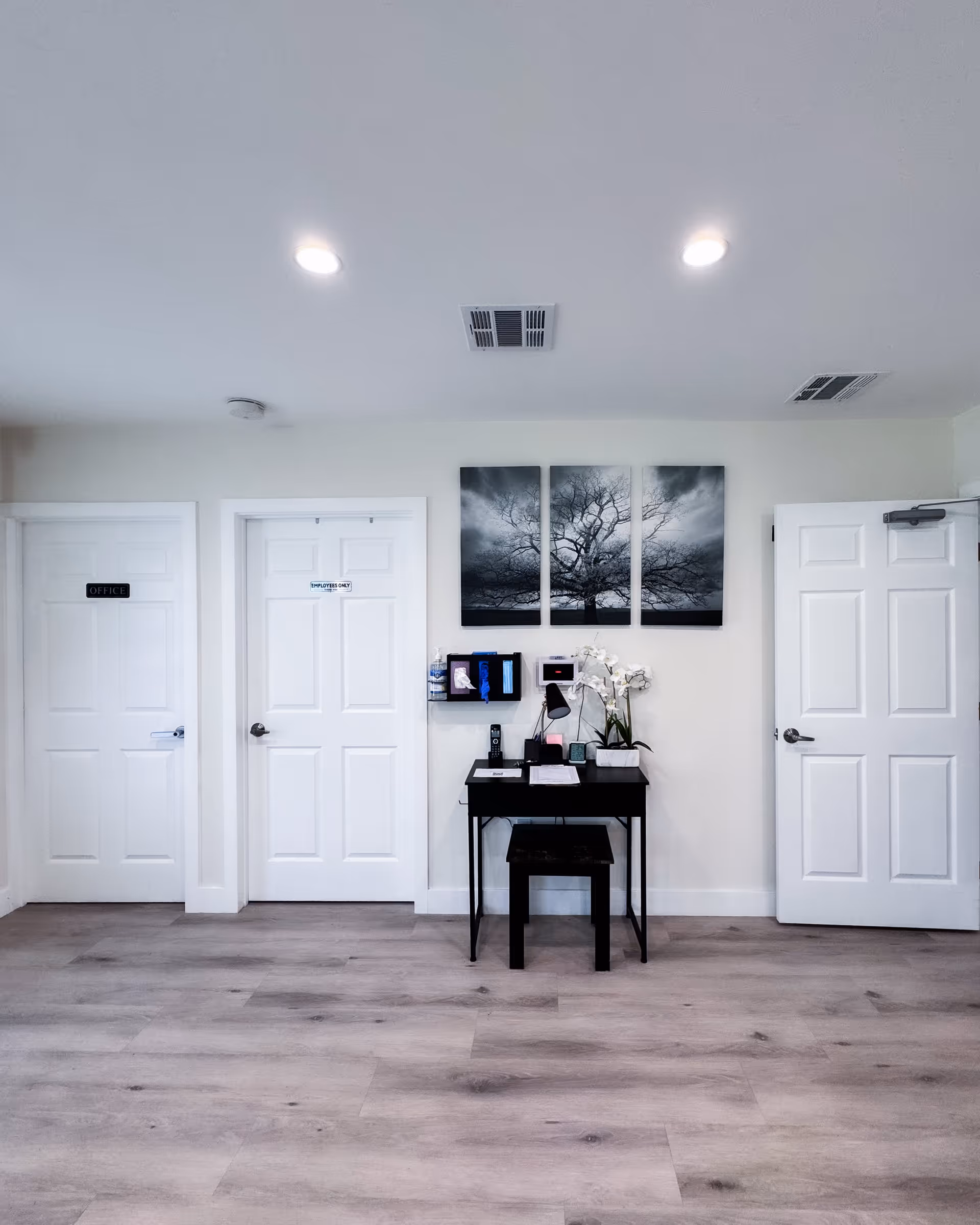 A clean, modern interior hallway with three white doors labeled 'Office', 'Employees Only', and an open door on the right. In the center against the wall is a small black desk with a matching stool, a desk lamp, a phone, some papers, and a white orchid plant. Above the desk is a three-panel black and white artwork of a tree with a cloudy sky background. The floor is light wood, and the ceiling has recessed lighting and air vents.