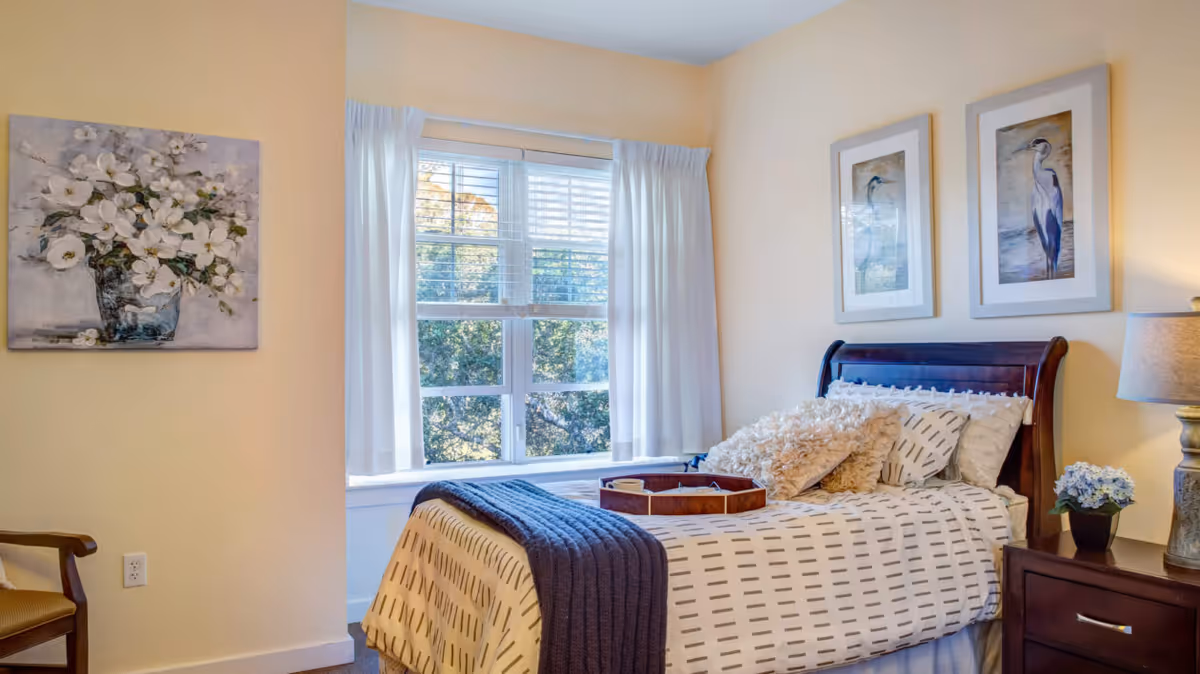 Sunny bedroom with a single bed dressed in patterned bedding, decorative pillows and a throw, a nightstand with lamp and window with white curtains.