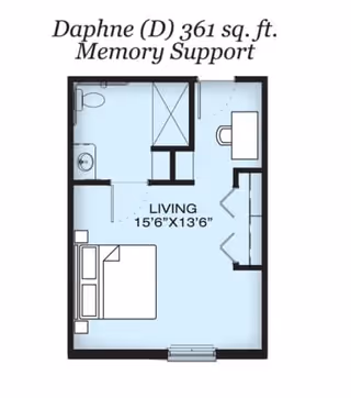 Floor plan of a memory support unit named Daphne (D) with 361 square feet, showing a living area measuring 15 feet 6 inches by 13 feet 6 inches, including a bed, bathroom, closet, and a small desk area.