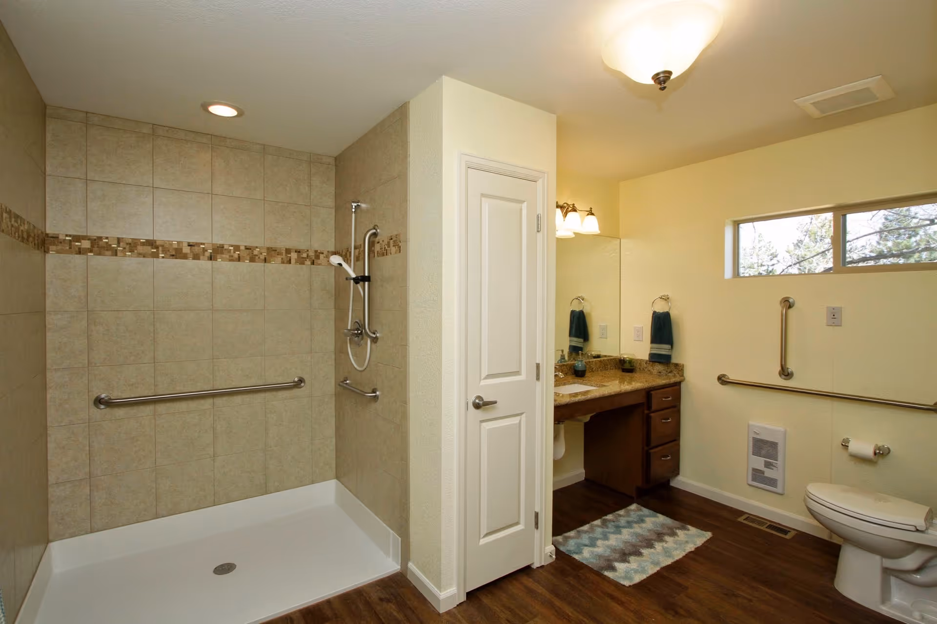 Accessible bathroom featuring a tiled walk-in shower with grab bars, a vanity with mirror, and a toilet.