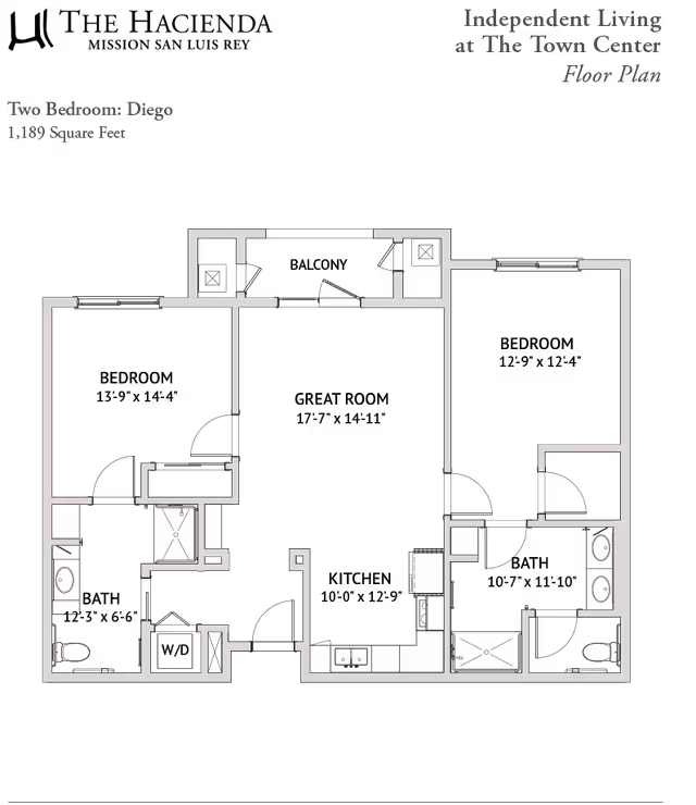 Black-and-white floor plan of a two-bedroom apartment showing rooms, bathrooms, kitchen, and labeled dimensions.