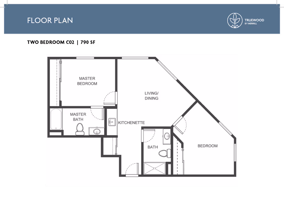 Black-and-white schematic floor plan labeled with master bedroom, master bath, kitchenette, living/dining, a second bedroom, and an additional bath.