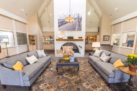 Two gray sofas flank a central coffee table in a sunlit lounge with a fireplace.