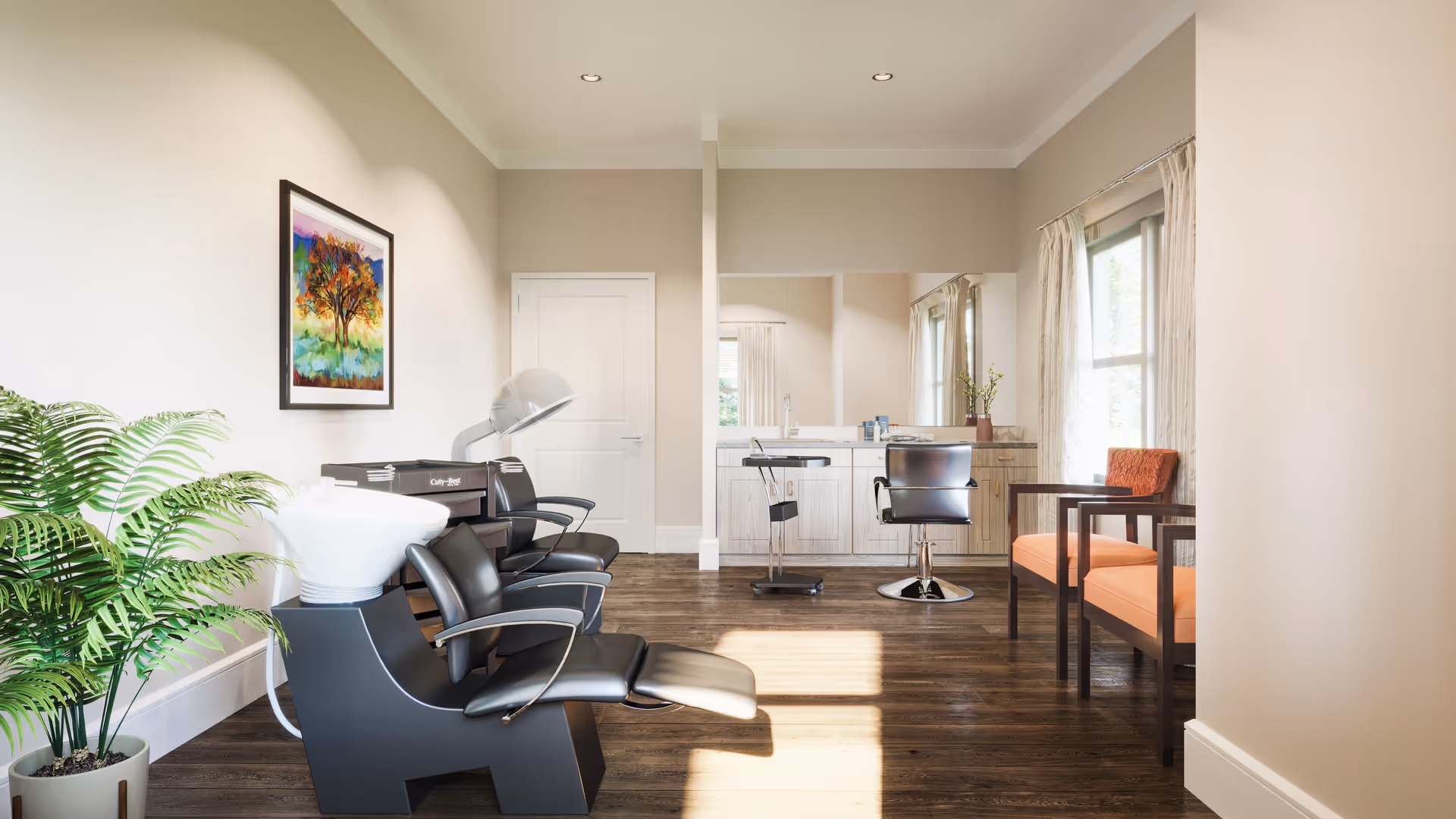 A bright and modern hair salon area inside a senior living facility with black salon chairs, a hair washing station, a hair dryer, a large mirror, a colorful painting of a tree on the wall, two orange cushioned chairs near a window with curtains, and a potted plant on the left side.