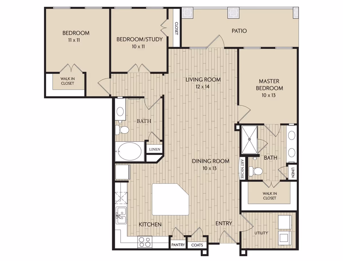 Floor plan of a residential unit at Watercrest at Katy showing three bedrooms including a master bedroom with walk-in closet and bath, a bedroom/study, a second bedroom with walk-in closet, two bathrooms, a kitchen with pantry, a dining room, a living room, an entry area with coat closet, a utility room, and a patio.