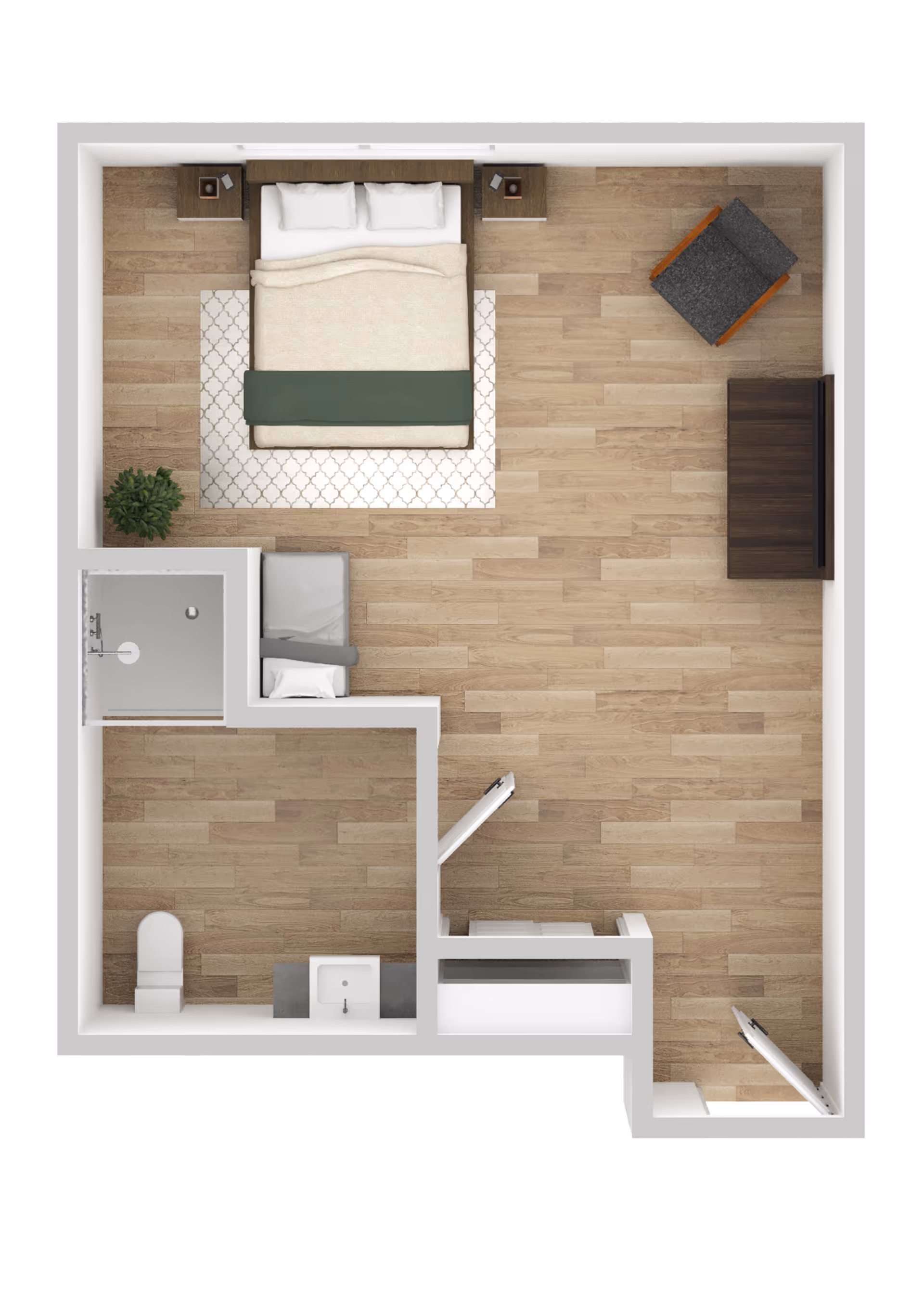 Top-down view of a studio apartment floor plan featuring a bedroom area with a double bed, two nightstands, a small armchair, a TV on a stand, a bathroom with a toilet, sink, and shower, and a small closet near the entrance.