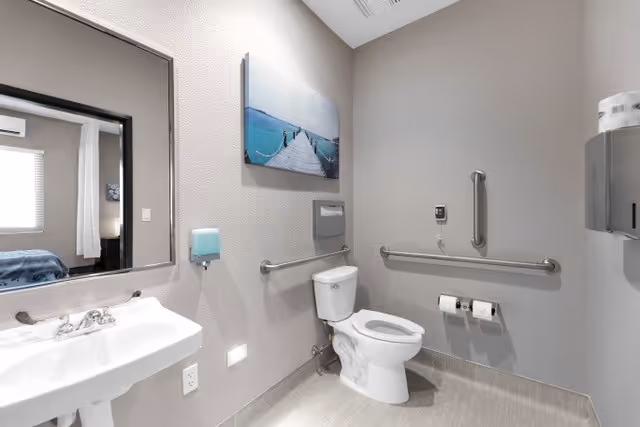 Accessible bathroom with a sink and mirror, toilet with grab bars, soap and paper dispensers, and a coastal wall photo.