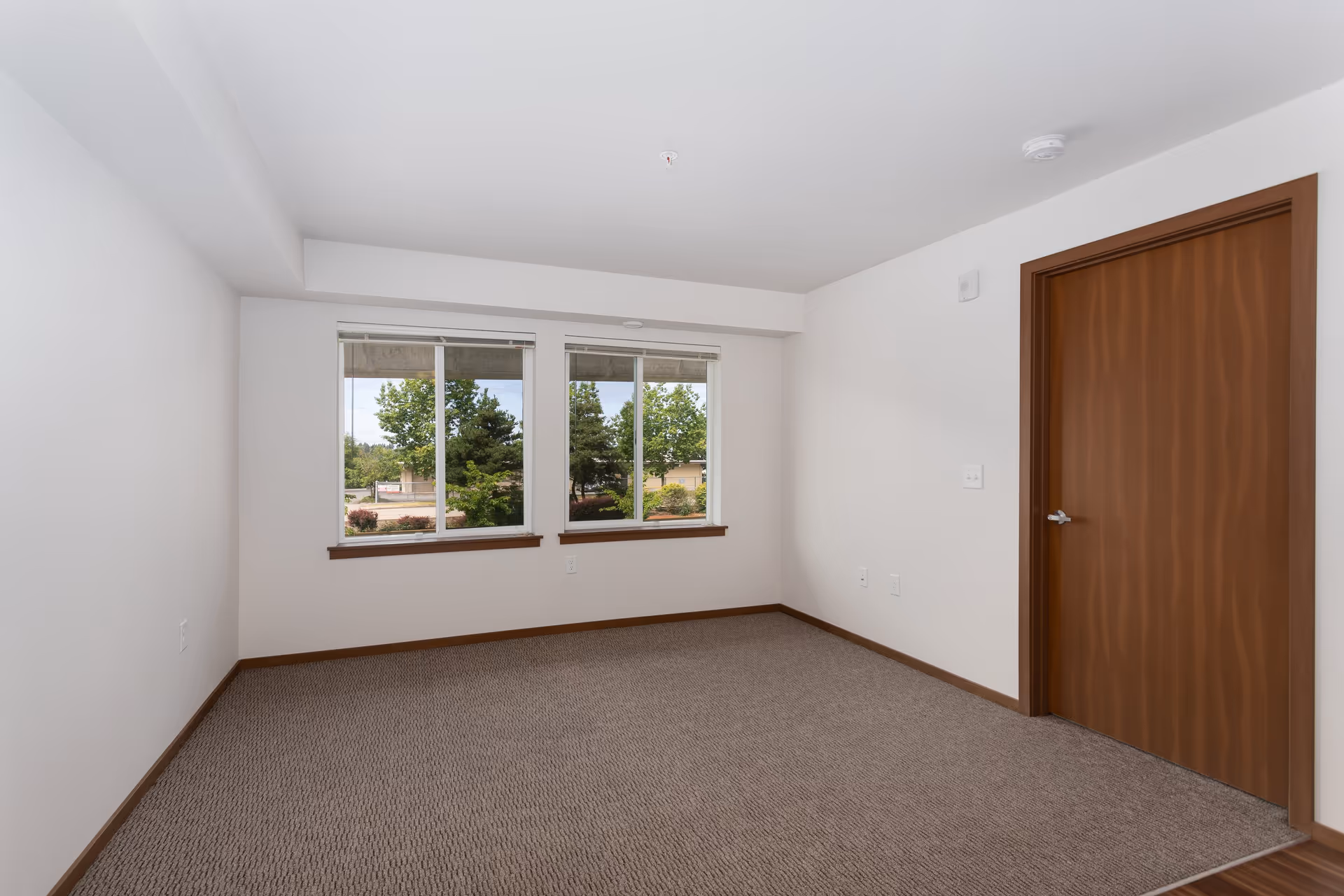 Empty room with beige carpet, white walls, two large windows showing trees outside, and a closed wooden door on the right side.