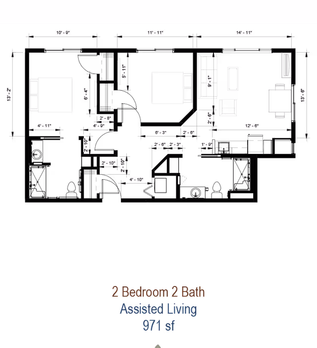 Black floor plan drawing with furniture outlines and measurements for a 2-bedroom, 2-bath assisted living unit labeled 971 sf.