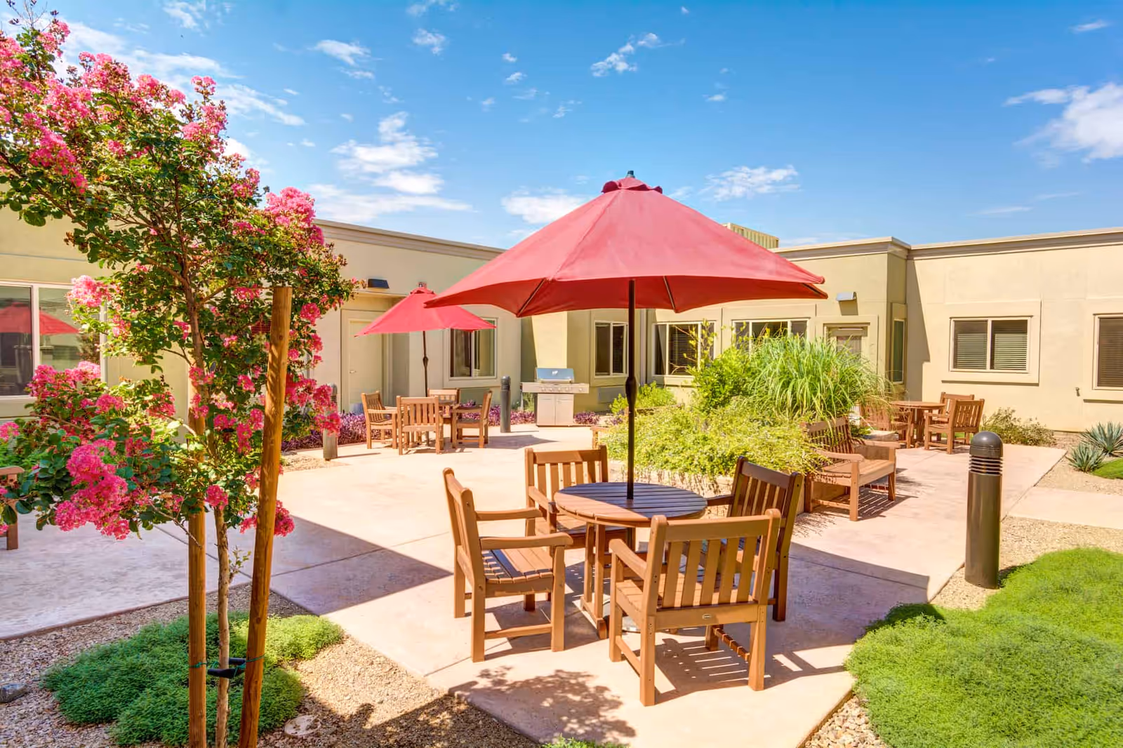 Outdoor patio area at Catalina Springs Memory Care with wooden tables and chairs under red umbrellas, surrounded by green plants and pink flowering trees, set against a beige building under a blue sky with scattered clouds.