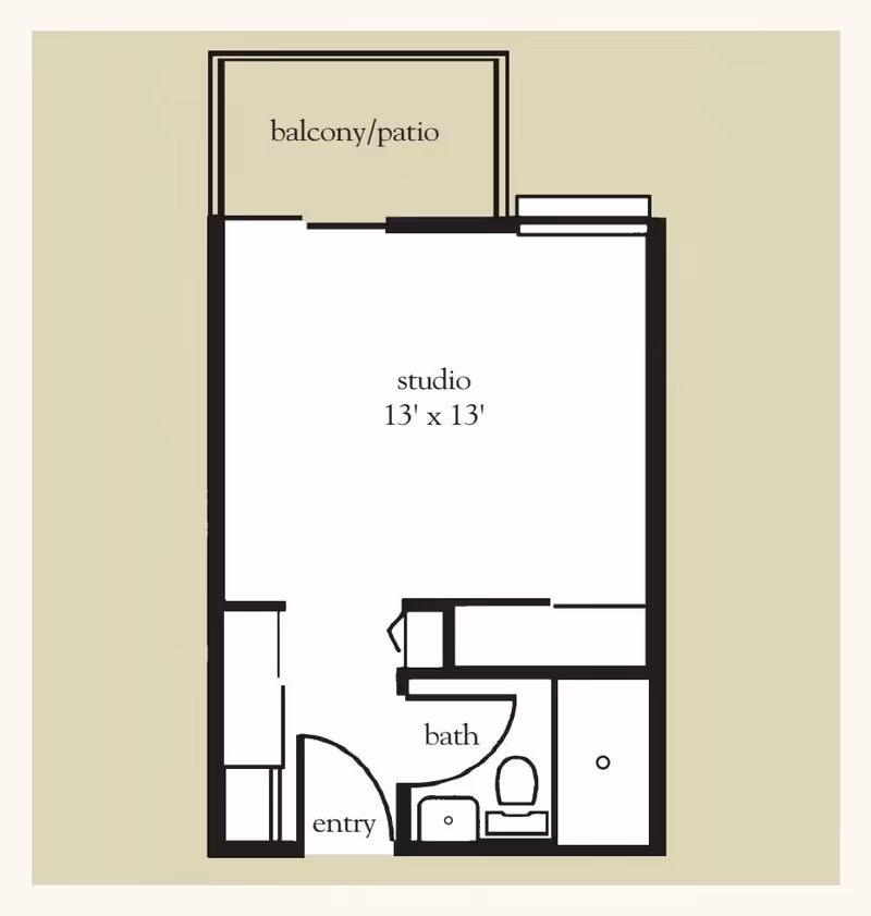 Floor plan of a studio apartment at Vitality Living Spring Hill showing a 13 by 13 feet studio room, an entry area, a bathroom with a toilet and sink, and a balcony/patio.