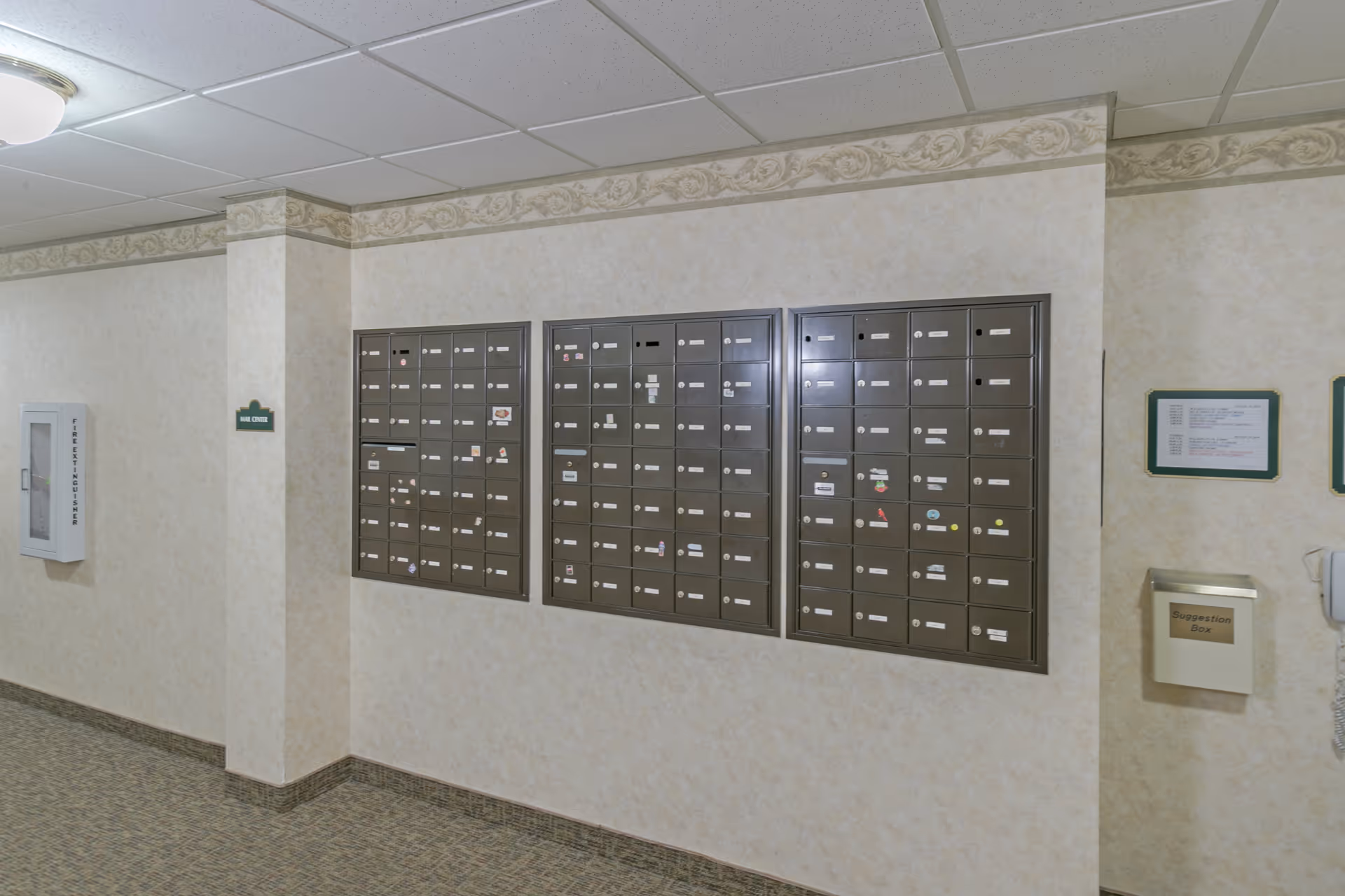 Interior hallway area with multiple wall-mounted mailboxes arranged in three large panels. The walls are light-colored with a decorative border near the ceiling. There is a fire extinguisher cabinet on the left wall and a suggestion box on the right wall.