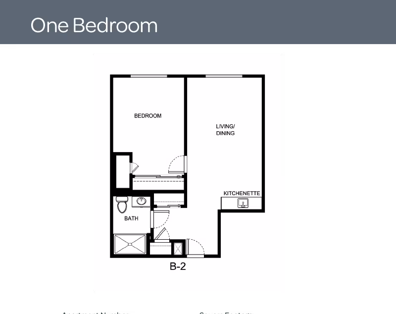 Floor plan of a one-bedroom apartment at Holiday Kittery Estates, showing a bedroom, living/dining area, kitchenette, and bathroom.