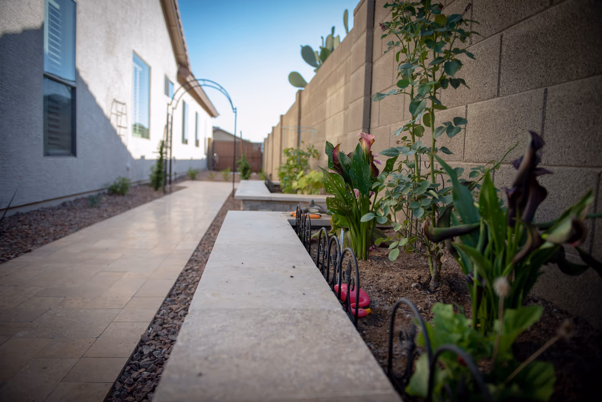 A narrow outdoor garden pathway beside a building with a stone tiled walkway, small plants and flowers growing in a raised garden bed bordered by a low stone wall and metal fencing, and a tall concrete block wall on the right side.